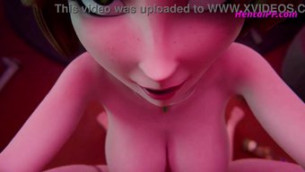 不可思议的动画三人行,双重熟女动作和口交。